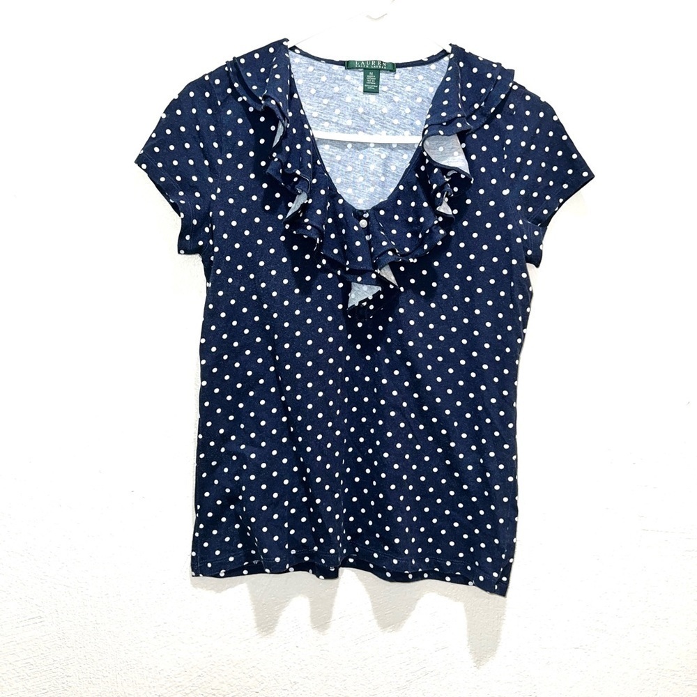 Lauren Ralph Lauren Blue Polka Dot V-Neck Ruffle Top